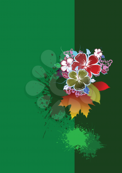 Royalty Free Clipart Image of a Green Background With Autumn Leaves and Flowers