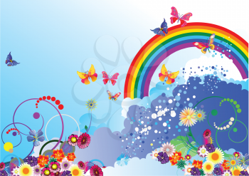 Royalty Free Clipart Image of a Summer Illustration With a Rainbow and Flowers