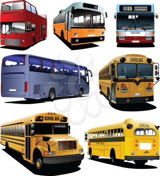 Seven city buses. Coach. School bus. Vector illustration for designers