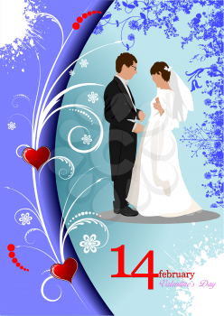 Valentine`s Day greeting card with bride and groom image. Vector illustration