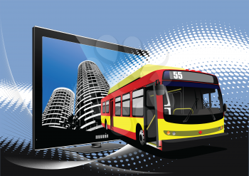Blue dotted background with Flat computer monitor and bus image. Vector illustration