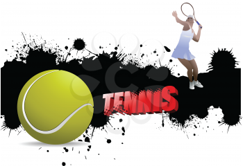 Grunge tennis poster with tennis ball and player. Vector illustration