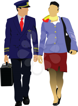 Flight crew. Cheerful pilot and stewardess with trolley, isolated over white background. Vector illustration