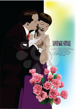 Vintage retro style frame with kissing couple image. Wedding card. Invitation Vector illustration for designers