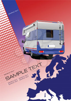 Cover for brochure or template with Europe silhouette and camper van image. Vector illustration