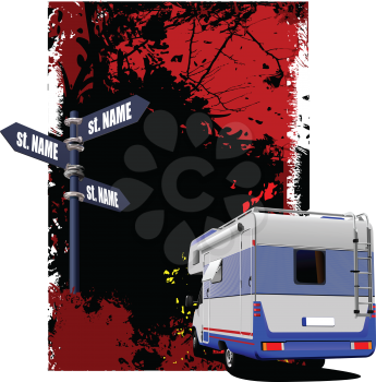 Camper van on country background with pointer different directions. Vector illustration