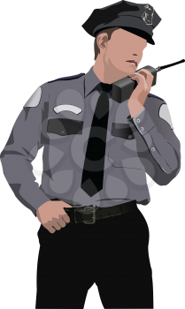 Policeman communicate by walkie-talkie radio. Vector illustration