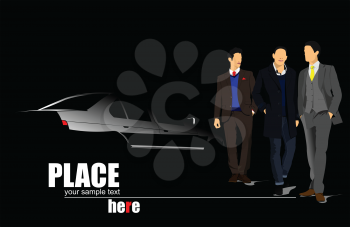 White car silhouette and three businessmen on black background. Vector illustration