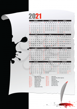 2021 calendar with American holidays. Can be used as organizer 