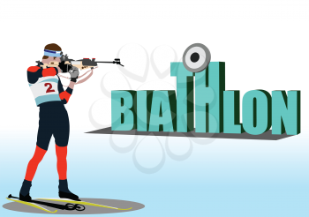 Biathlon runner on shooting field. 3d Vector illustration