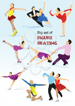 Big set of Figure skating colored silhouettes Vector 3d illustration