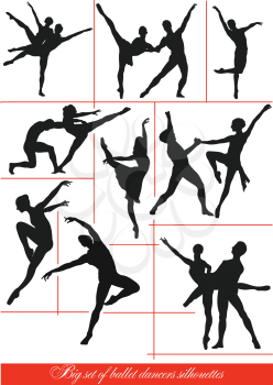 Big set of Modern ballet dancers. B&W vector illustration