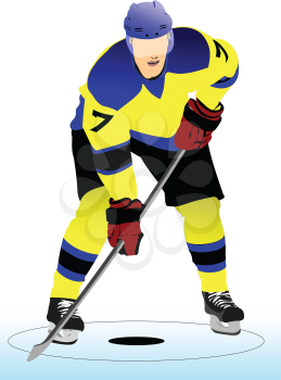 Ice hockey player poster. Colored Vector 3d illustration for designers
