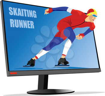 Flat computer monitor with skating runner. Display. 3d  illustration