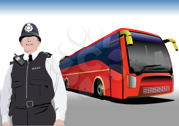 London Policeman and city bus. Vector 3d illustration