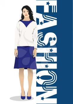 Fashion woman white-blue dress. Vector 3d illustration