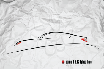 Black sketch car silhouette on Background with torn crumpled paper. Vector illustration