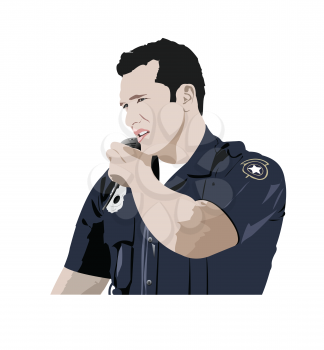 Policeman with walkie-talkie radio. Vector 3d illustration