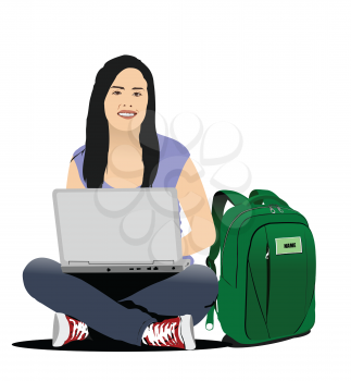 Young girl working on laptop. Back to dchool. Vector 3d illustration