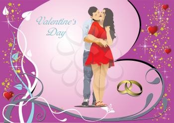 Valentine`s Day  with kissinr couple. Vector Color 3d illustration. 