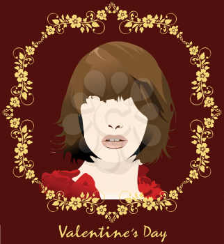 Valentines Day  with young girl image. Vector Color 3d illustration. 