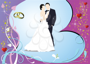 Valentines Day background with wedding couple. Vector Color 3d illustration. 