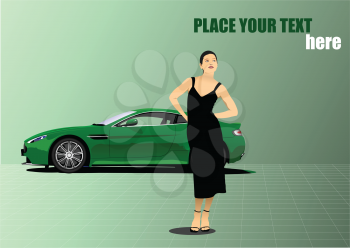 Young woman and green car sedan. Vector 3d illustration