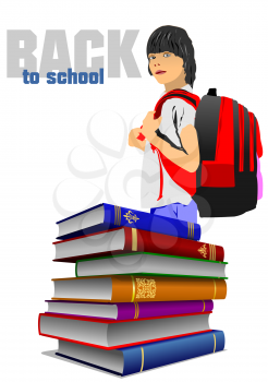 Back to school. Stack of books with schoolboy image. 3d vector illustration