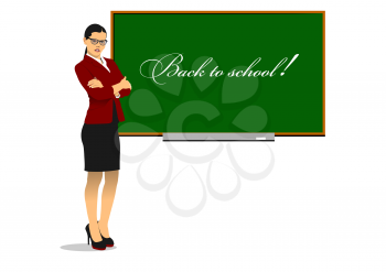 Strict teacher in eyeglasses at the blackboard. 3d vector color illustration