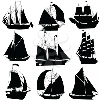 Royalty Free Clipart Image of a Collection of Sailing Ships Silhouettes Isolated Objects on a White Background