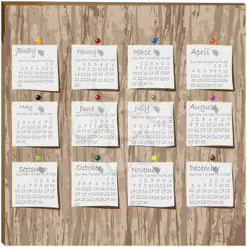 Royalty Free Clipart Image of Calendar Months on Paper Pinned to a Wooden Board