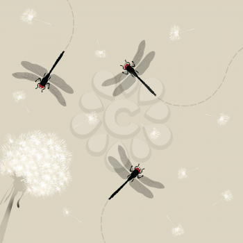 Royalty Free Clipart Image of Dragonflies and a Dandelion 
