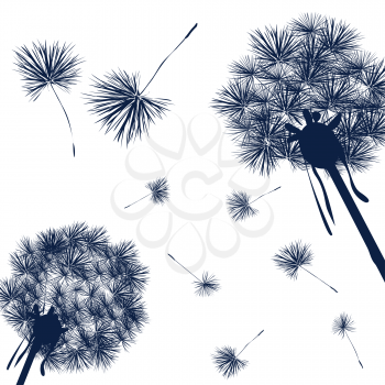 Royalty Free Clipart Image of Blowing Navy Blue Dandelions 