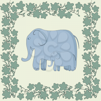 Royalty Free Clipart Image of a Parent and Baby Elephant in a Leafy Frame
