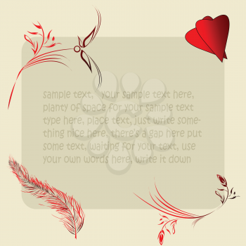 Royalty Free Clipart Image of a Feather, Hearts and Flower Frame