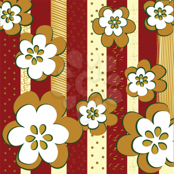 Royalty Free Clipart Image of a Background of Stripes and Flowers in Red, Gold and White