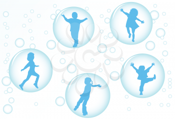 Royalty Free Clipart Image of a Group of Happy Children in Bubbles