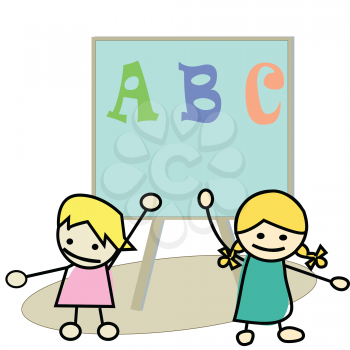 Royalty Free Clipart Image of Two Children at a Blackboard With ABC on It