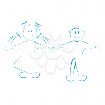 Royalty Free Clipart Image of Two Blue Outlined Children Holding Hands