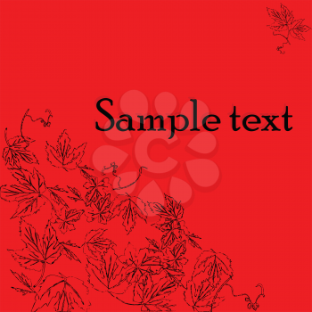 Royalty Free Clipart Image of a Red Background With Grapevine Leaves in the Corner