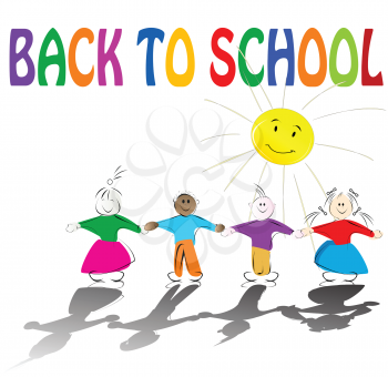 Royalty Free Clipart Image of Children Going Back to School and the Sun Shining
