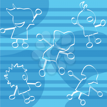 Royalty Free Clipart Image of Outlines of Children on a Blue Striped Background