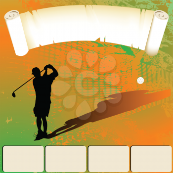 Royalty Free Clipart Image of a Golfer With a Scroll at the Top and Blank Spaces Across the Bottom