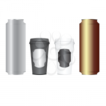 Beer cans and coffee cups against white background