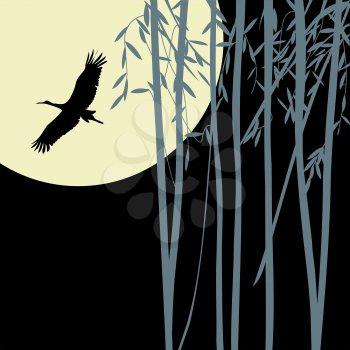 Bamboo background  with flying stork silhouette