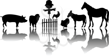 Silhouettes of farm animals and a scarecrow, isolated and grouped objects over white background
