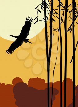 Flying stork romantic background, abstract art illustration