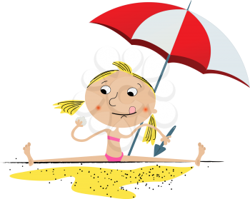Illustration of a little girl playing on the beach. Isolated objects over white background, easy to edit graphic.