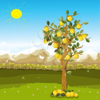 Cartoon illustration of a lemon tree over a beautiful autumn background