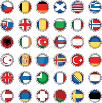 National country flags on beer bottle caps, isolated and grouped objects over white background. No gradient mesh or transparencies used.